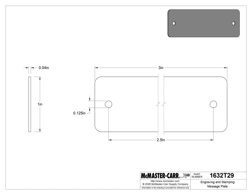 Technical Drawing of Engraving and Stamping Message Plate, with Mounting Holes, 304 Stainless Steel, 1" High x 3" Wide.